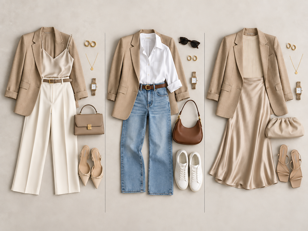 Flat lay com três looks femininos diferentes usando o mesmo blazer bege, combinados com calça de alfaiataria, jeans, saia acetinada, bolsas, sapatos e acessórios em tons neutros.